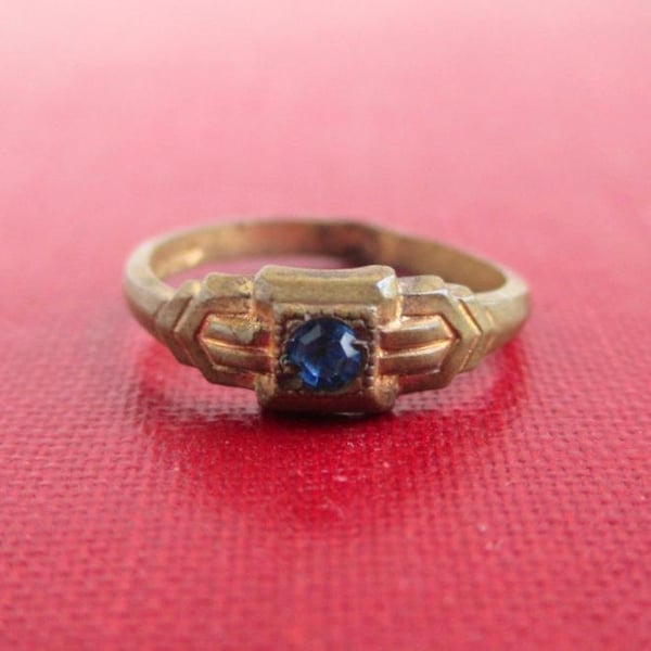 Tiny Antique Ring w/ Blue Stone - Vintage Gold Tone, Under a Size 1 (Cute Pendant / Charm)