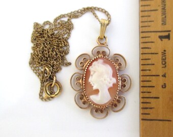 Carved Shell Cameo Pendant Necklace - 12K Gold Filled, Vintage Atlas - 18 1/8" Chain