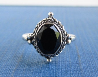 Sterling Silver & Faceted Black Stone Ring - Vintage, Size 7