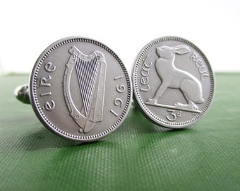IRELAND Coin Cuff Links - Irish, Eire Repurposed Vintage 1960s Silver Tone Lucky Rabbit Coins