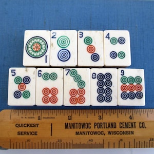 9 Mah Jong Tiles - Vintage / Antique Bone & Bamboo Ma Jiang / Mahjong Bing Dot Tiles with Dove Tail Joints