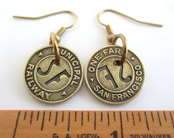 San Francisco Transit Token Pierced Dangling Earrings - Repurposed Vintage SF Municipal Railway Tokens / Gold Tone Coins