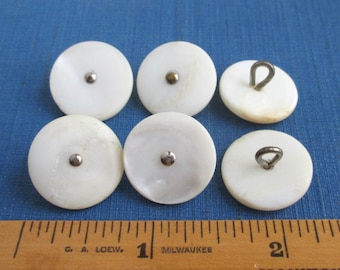 6 Pearl Buttons & Metal Shanks- Vintage / Antique, 3/4" Diameter