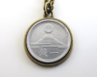 JAPAN Coin Pendant Necklace - Repurposed Vintage 1940's Silver Tone Mt. Fuji Coin & Antiqued Gold Tone Setting