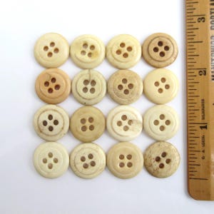 May include: A grid of sixteen round, four-hole buttons in various shades of cream, beige, and tan. The buttons are arranged in four rows and four columns next to a wooden ruler, which shows that each button is approximately 0.75 inches in diameter.