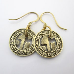 Santa Monica, CA Transit Token Pierced Earrings - Repurposed Vintage 1950&#39;s Gold Tone Dangling Coins