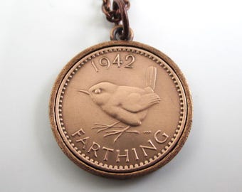 Farthing Coin Pendant Necklace - Repurposed Vintage Great Britain / UK Solid Bronze Wren