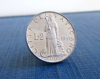 Vatican City Coin Tie Tack / Lapel Pin - Repurposed Vintage 1953 Silver Tone Coin