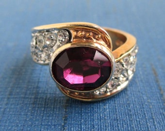 18K Gold Electroplate Ring w/ Purple & Colorless Stones - Vintage, Size 8