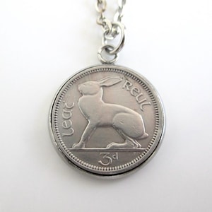 Irish Lucky Rabbit Coin Pendant Necklace - Repurposed Vintage Eire Ireland 3p Silver Tone Coin