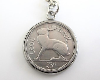 Irish Lucky Rabbit Coin Pendant Necklace - Repurposed Vintage Eire Ireland 3p Silver Tone Coin