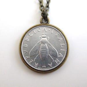 ITALY Coin Pendant Necklace - Repurposed Vintage 1950&#39;s Italia 2 Lira Silver Tone Coin in Gold Tone Setting