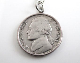 1964 Jefferson Nickel Necklace - Repurposed Vintage USA 5c Silver Tone Coin