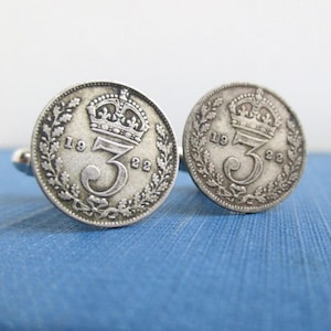 Great Britain .500 Silver Coin Cuff Links - Repurposed Vintage 1922 UK Three Pence Coins (Unpolished)