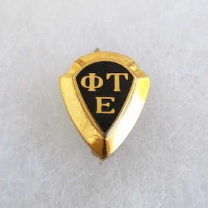Gold Filled Phi Tau Epsilon Fraternity Lapel Pin / Charm - Vintage, College Society w/ Black Enamel