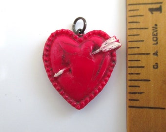 Celluloid Red Heart & Arrow Charm / Pendant - Vintage, Metal Top Ring, Cupid