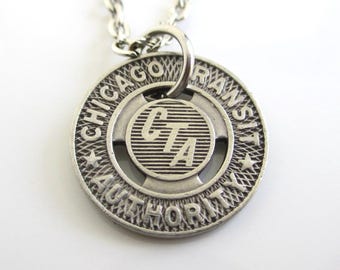 Chicago CTA Token Pendant Necklace - Repurposed Vintage Transit Token / Silver Tone Coin