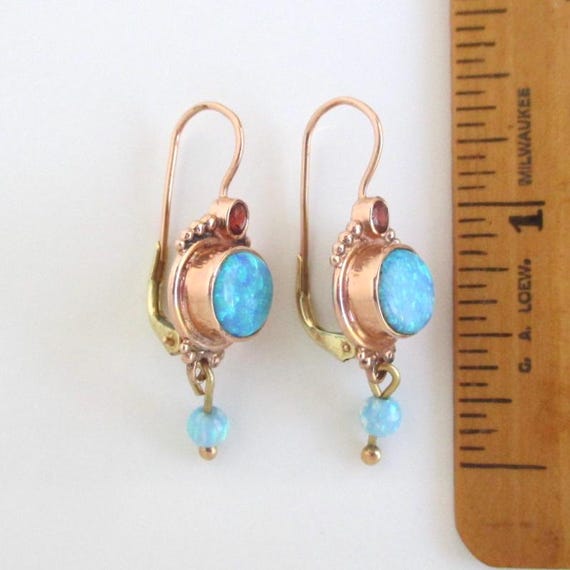 14K Solid Gold Opal Pierced Earrings - Vintage Ro… - image 3