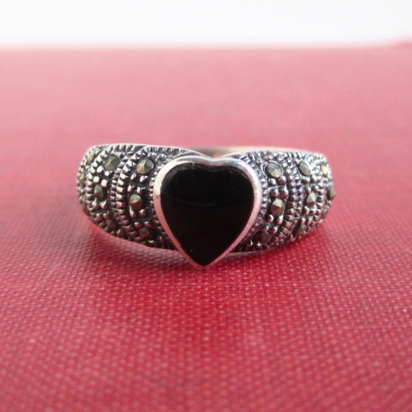 925 Sterling Silver Black Heart Stone & Marcasite Stone Ring | Etsy