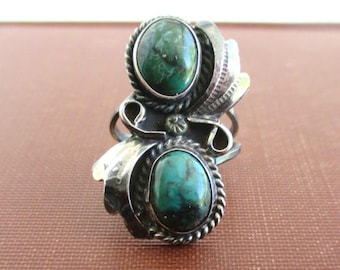 Native American Sterling Silver Green / Blue Stone Ring - Vintage Southwest, Size 6.5 (1 3/16" Long) Unpolished