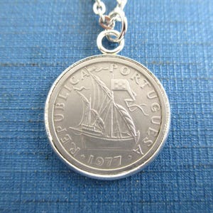 PORTUGAL Coin Pendant Necklace - Repurposed Vintage 1970&#39;s Silver Tone Republica Portuguesa Coin