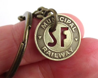 San Francisco Transit Token Keychain - Repurposed Vintage SF Municipal Railway Token / Gold Tone Coin Key Chain Fob