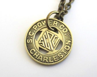 Charleston, SC Transit Token Necklace - Repurposed Vintage 1950's Gold Tone Coin