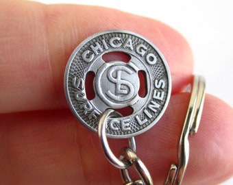 CHICAGO Surface Lines Transit Token Keychain - Repurposed Vintage 1940's Silver Tone Coin Key Chain / Fob