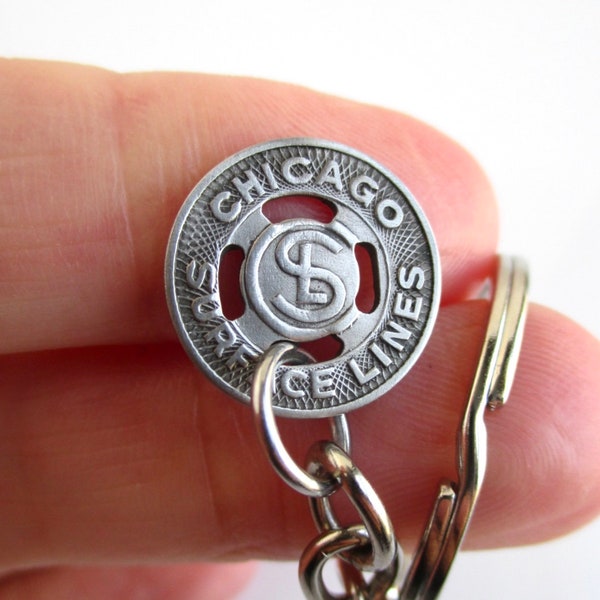 CHICAGO Surface Lines Transit Token Keychain - Repurposed Vintage 1940's Silver Tone Coin Key Chain / Fob