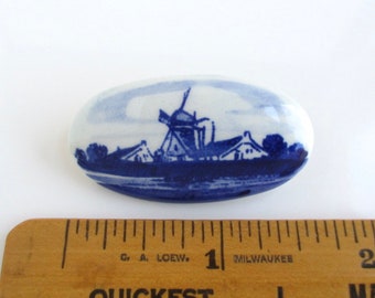 Porcelain & Blue Delft Pin / Oval Brooch - Vintage, Blue Delfts Holland Hand Painted Windmill Scene