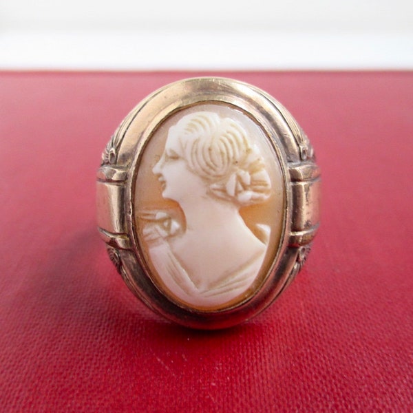 14K Rolled Gold Plate Carved Shell Cameo Ring - Vintage / Antique, Size 10.5 (Surface Wear & Darkness)