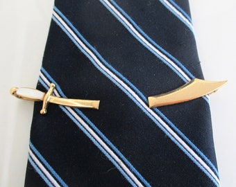 Gold SWORD Tie Bar / Tie Clasp / Tie Clip - Vintage Swank w/ Pearl Handle