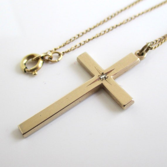 12K Gold Filled Cross Pendant Necklace w/ Colorle… - image 1