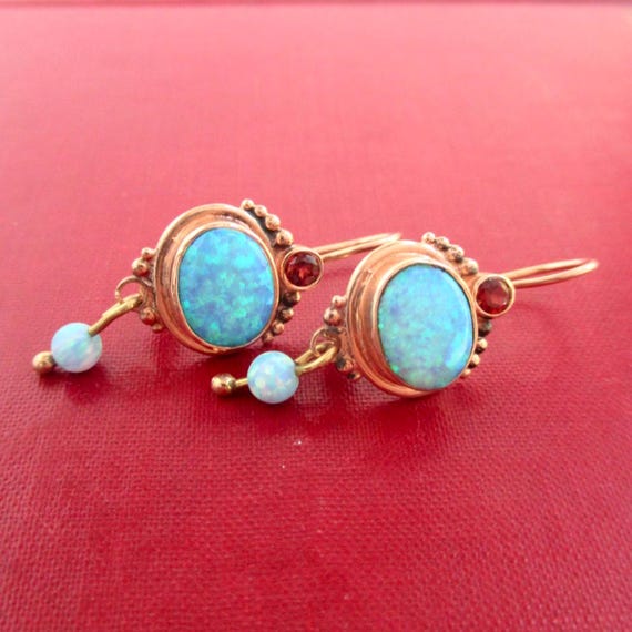 14K Solid Gold Opal Pierced Earrings - Vintage Ro… - image 1