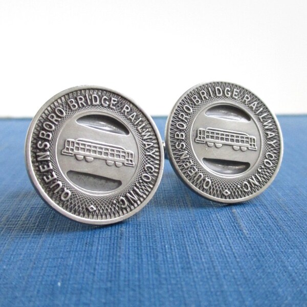 NYC Queensboro Bridge Railway Token Cuff Links - Repurposed Vintage 1940's Queens Silver Tone Coins