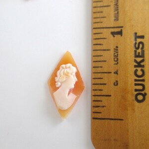 May include: A cameo featuring a woman's profile in white, set in a diamond-shaped piece of orange-brown shell. The cameo is approximately 1 inch in length.
