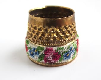 Open Top Thimble w/ Floral Needlepoint - Vintage Gold Tone with Cut Top / Tailor's Style (17mm Inner Diameter Bottom)