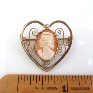 12K Gold Filled Carved Shell Cameo Heart Pin / Brooch or Pendant - Vintage Catamore (Uncleaned)