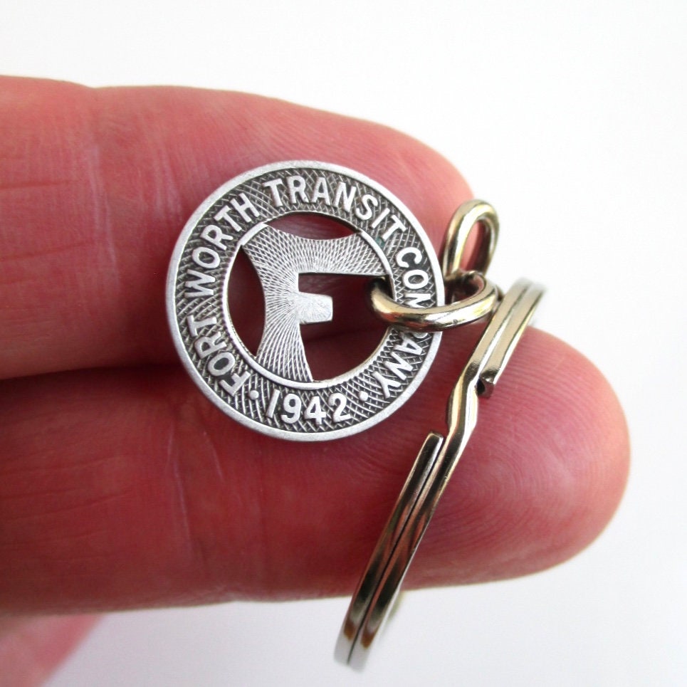 Fort Worth 1942 Transit Token Keychain - Repurposed Vintage Coin / Key Chain (Choose Solid Brass or Silver Tone)