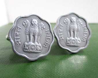 INDIA Coin Cuff Links - Repurposed Vintage Silver Tone 2 Paise Coins