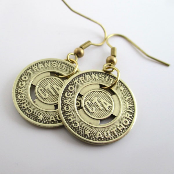 Chicago CTA Transit Token Pierced Earrings - Repurposed Vintage 1950's Gold Tone Coins - Dangling