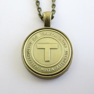 Boston "T" Transit Token Pendant Necklace - Repurposed Vintage Gold Tone Coin
