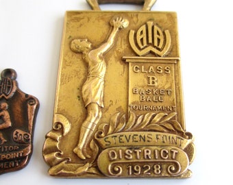 2 Wisconsin 1928 & 1930 Basketball Medals / Awards - Vintage Stevens Point, WI WIAA, Fobs or Pendants