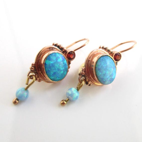 14K Solid Gold Opal Pierced Earrings - Vintage Ro… - image 8