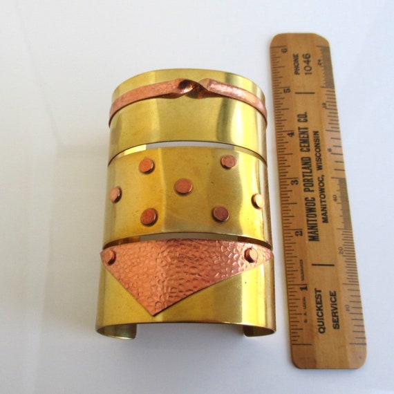 3 Solid Brass & Hammered Copper Cuff Bracelets - … - image 2