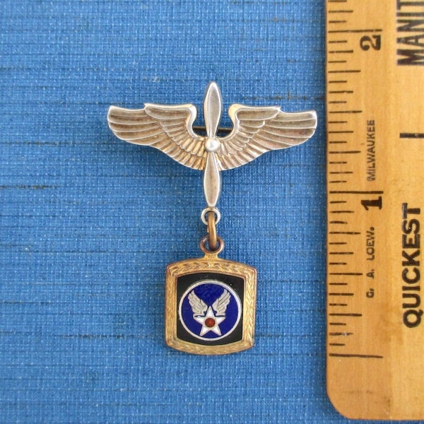 WWII Army Air Corp, Army Air Force Sterling Silver Pin w/ Later Enameled Gold Tone USAF Dangle - Wings & Propeller