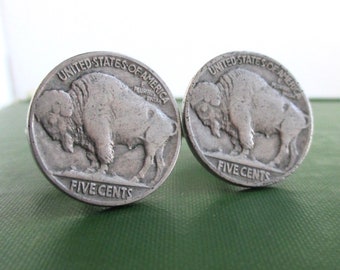 Buffalo Nickel Cuff Links - Repurposed Vintage USA Coins - Nice Details, Natural Patina (Unpolished)