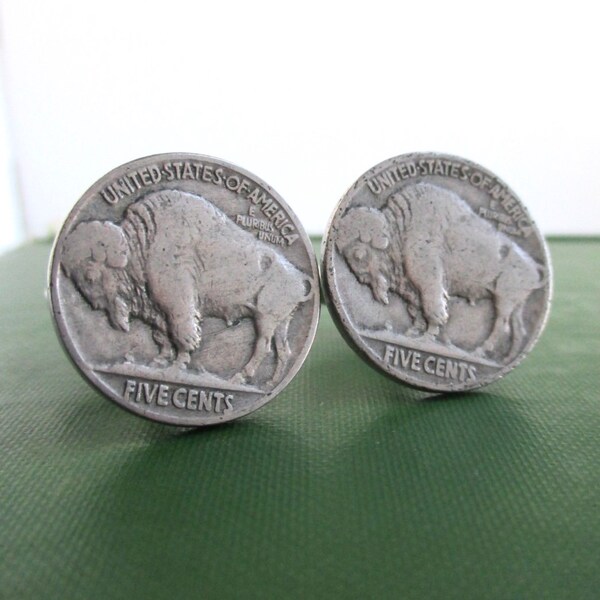 Buffalo Nickel Cuff Links - Repurposed Vintage USA Coins - Nice Details, Natural Patina (Unpolished)