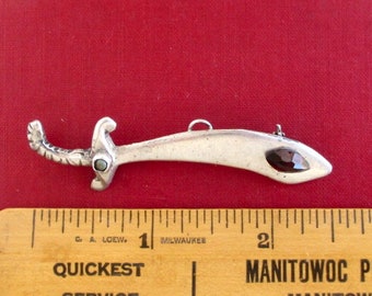 Sterling Silver Sword Pin or Pendant w/ Red Stone - Vintage Mexico