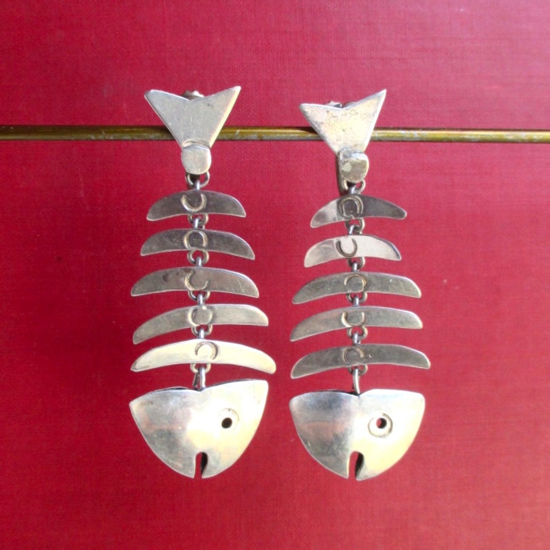Fish Bone Articulated Fish Skeleton Dangle Earrings Vintage Etsy